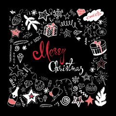 Vector Christmas greeting card with christmas attributes and lettering on black background