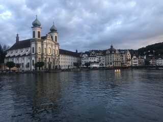Fototapeta na wymiar view of Jesuit Church near the river Reuss in the old town of Lucerne, Switzerland