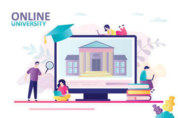 Concept of online education, technology and e-learning. University or college building on computer screen