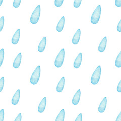 Fototapeta premium Watercolor blue raindrops sky seamless pattern. Cute pastel cloud background. Rainbow kids fabric. Perfect for baby shower party decor, planner cover, scrapbook paper and other.