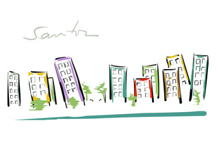 Crooked buildings on the edge of the city of Santos. City landmark. Colored vector illustration with felt-tip pen.