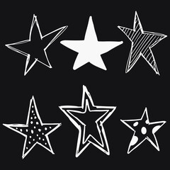 Set of 6 different hand drawn stars, rough handmade, black doodles EPS Vector