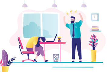 Female character tired at workplace. Disgruntled boss yells at subordinate. Depressed mood, professional burnout and big emotional stress.