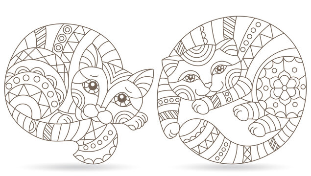 Set of stained glass contour elements with rainbow cats , isolated outline images on white background