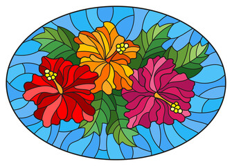 Illustration in a stained glass style with a flower arrangement, hibiscus flowers and leaves on a blue background, oval image