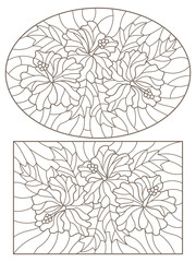 Set of contour illustrations in stained glass style with hibiscus flowers and leaves, dark outlines on a white background