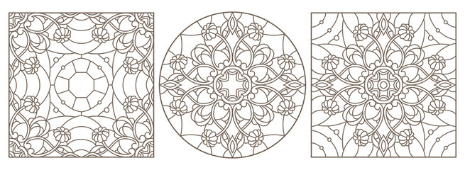 Set contour illustrations of stained glass with abstract swirls and flowers , dark outlines on a white background