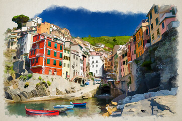Watercolor drawing of Riomaggiore traditional typical Italian fishing village in National park Cinque Terre