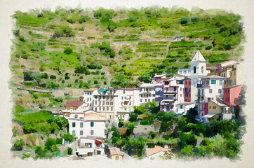 Fototapeta na wymiar Watercolor drawing of Typical italian buildings houses and green vineyard terraces in valley of Manarola village