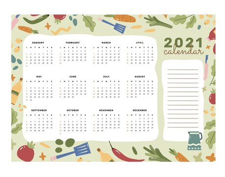 Wall Calendar 2021 With Kitchen Utensils Illustration