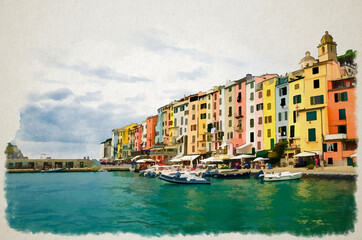 Watercolor drawing of Row of colorful multicolored buildings houses of Portovenere coastal town