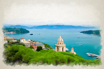 Watercolor drawing of Top aerial view of Gulf of Spezia turquoise water, dome of Chiesa di San Lorenzo church