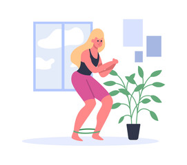Woman exercising with fitness elastic bands. Female character having workout with rubber band for legs at home. Doing sport and leading healthy lifestyle. Girl in sportswear vector illustration