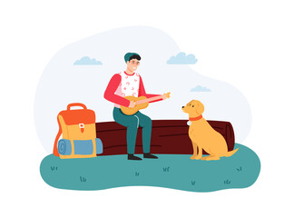 Boy sitting on log and playing guitar, dog sitting near hiker. Guy having summer trip, leisure activity outside on nature. Man with backpack traveling with pet cartoon vector illustration