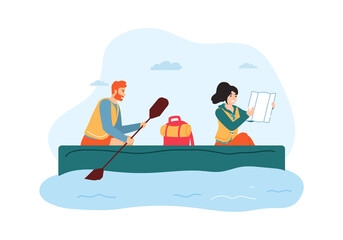 Woman and man traveling on boat. Guy holding paddle and rowing, girl looking at map and searching direction. Couple having summer trip, active lifestyle and recreation vector illustration