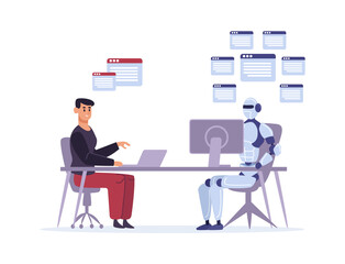 Robot versus human at work. Multitasking artificial intelligence doing tasks at computer. Ai competing with man worker. Modern technology, automated machine domination vector illustration