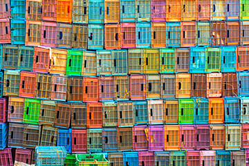Stack of multicolor plastic packaging crates background.