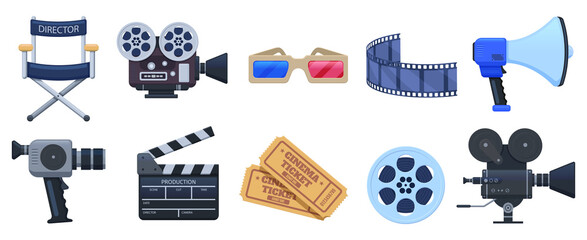 Cinema symbols. Movie theatre or cinematography clapperboard, camera and movie premiere tickets. Film production isolated vector illustration set. Director armchair and equipment for shooting