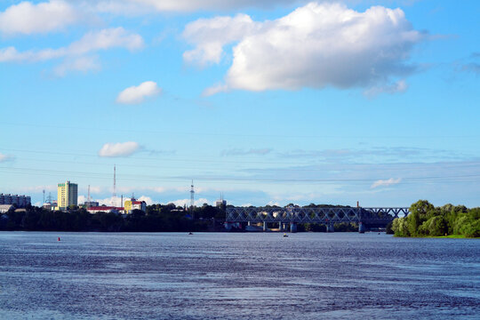 River Sozh with bridge in central park of Gomel in summer season. Republic of Belarus