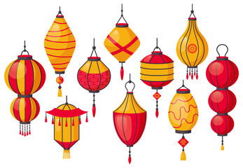 Fototapeta na wymiar Oriental traditional lantern. Chinese paper lanterns, asian street decoration, chinatown lanterns. Traditional paper lamp vector illustrations. Red and yellow festival lights, cultural elements