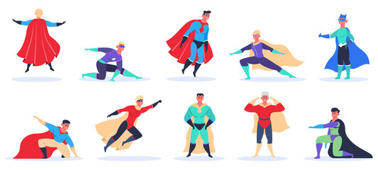 Male superhero characters. Muscular handsome superman in superheroes costume, flying and standing in action pose isolated vector illustration set. Powerful man wearing cloak or cape