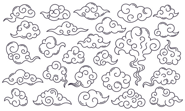 Asian decorative clouds. Oriental japan sky clouds, traditional chinese doodle decoration. Asian traditional clouds vector symbols set. Japanese sky elements with curls isolated on white