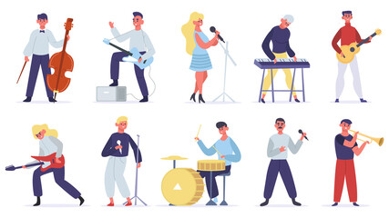 Fototapeta na wymiar Musicians characters. Guitarist, singer, drummer and singer artist, metal and jazz artistic performers. Vocal singers people vector illustrations. Female and male musicians playing musical instruments