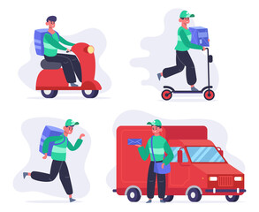 Delivery service characters. Courier or postal employee on van and kick scooter, fast delivery service. Package delivery vector illustration set. Male person shipping parcel on different vehicles