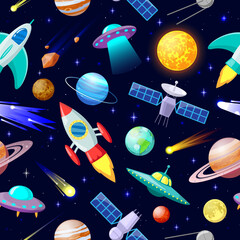 Cartoon space pattern. Astronomical planets and spacecraft ship, astronomy stars, comets and celestial bodies. Galaxy elements vector illustration. Rocket and unidentified flying object