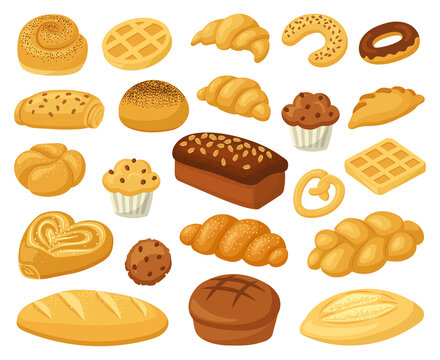 Cartoon bakery food. Pastry products, bread loaf, french baguette, and croissant. Bakery whole grain and wheat products vector illustration set. Sweet donut and cupcake, buns assortment for shop