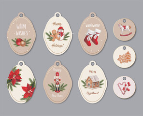 Set of cute Christmas and New Year tags. Greeting cards with poinsettia, gingerbread cookies, fir branches and toys. и иллюстрации