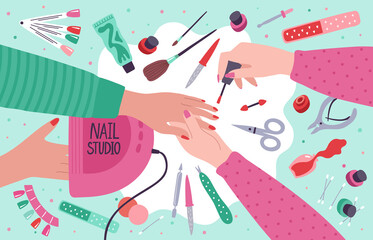 Nail salon. Manicure home service or salon procedure, fingernail care tools and gel polish equipment. Nail master work process vector illustration. Accessories as tweezers and nail file