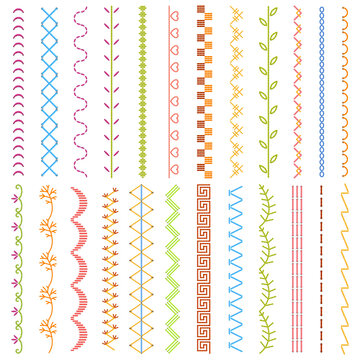 Sewing stitches. Embroidery stitches borders, detailed thread stitch, fabric embellishment pattern. Sewing seams ornament vector illustration set. Fashion seam brush, colorful dividers