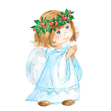 Watercolor illustration with christmas girl angel, little girl in white angel clothes, prayer