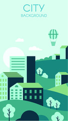 Fototapeta premium Green city background. Environmental protection concept flyer with urban town and nature. Hot air balloon flying in sky at dawn or sunrise. Clean city with greenery vector illustration