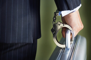 Midsection Of Businessman Handcuffed To Briefcase