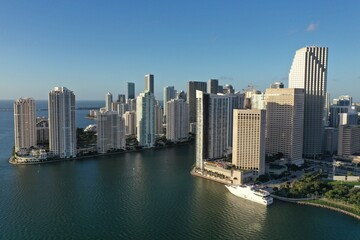 Fototapeta na wymiar Miami, Florida - November 26, 2020 - Aerial view of City of Miami and Bayfront Park on sunny autumn morning.
