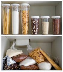 Kitchen cabinet collage before and after organization. Stocked kitchen pantry with food - pasta,...