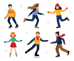 Vector set with six children ice skating isolated on a white background. Winter fun.