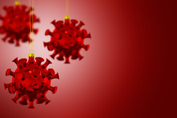 Bloody background with Christmas ornaments in the form of coronaviruses. Christmas during a pandemic. 3d illustration.