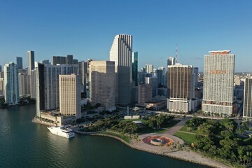 Fototapeta na wymiar Miami, Florida - November 26, 2020 - Aerial view of City of Miami and Bayfront Park on sunny autumn morning.
