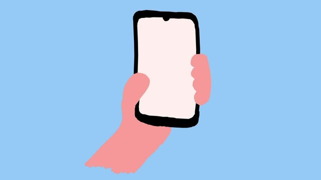 Hand holding a phone with a heart. Phone with social networks like symbol. Hand drawn illustrated stop motion animation.