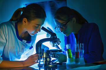 Student girl looking in a microscope, science laboratory concept. Two beautiful schoolgirls doing...