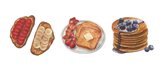Pancakes and toast with berries and fruits. Watercolor illustration of breakfast isolated on white background.
