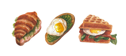 Waffles, croissant, sandwich. Watercolor illustration of breakfast isolated on white background.