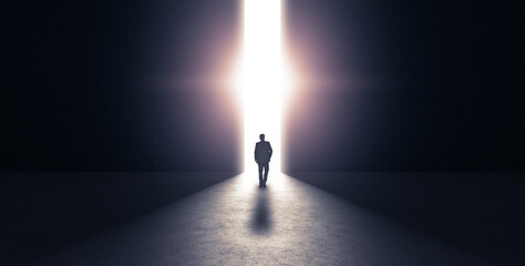 Man walking towards light. 3d rendering