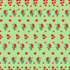 Seamless pattern with red berries on green background Winter background.