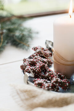Gingerbread with chocolate icing and sugar pearls