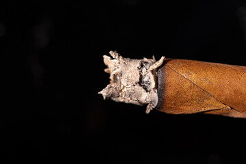 Burning cigar on black background close up