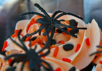 Emporia, Kansas, USA, October 26, 2019.Day of the Dead (Dia de los Muertos) celebration held in Emporia today. Cupcakes with spiders on top for sale at one of the food stands at the celebration